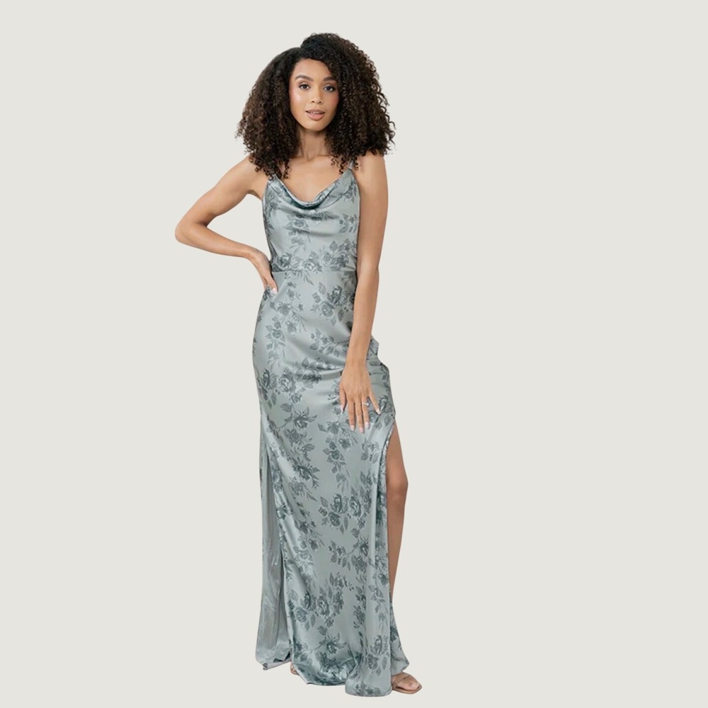Revelry | Nadia Satin Floral Dress 14 Sage Bouquet Green Maxi Cowl Neck 7F86